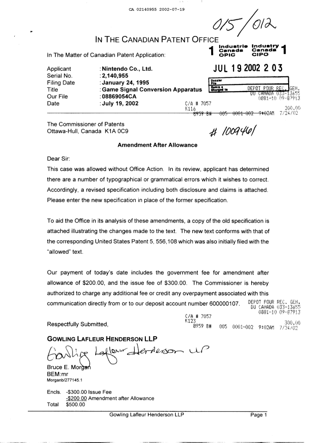 Document de brevet canadien 2140955. Correspondance 20020719. Image 1 de 1
