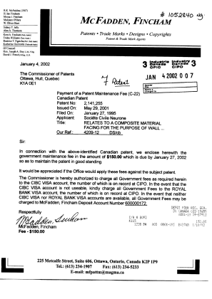 Canadian Patent Document 2141255. Fees 20020104. Image 1 of 1