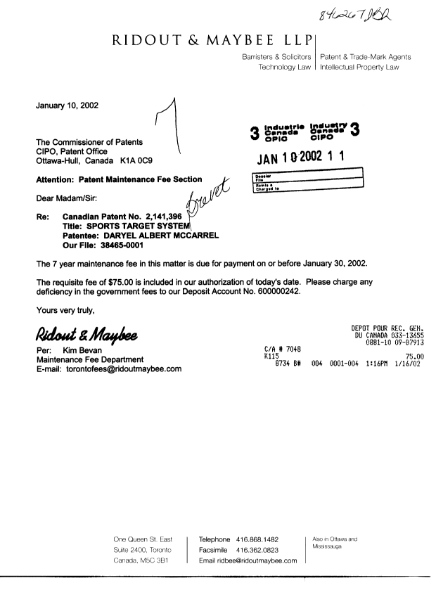 Canadian Patent Document 2141396. Fees 20020110. Image 1 of 1