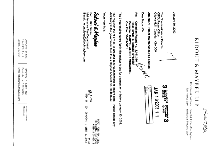 Canadian Patent Document 2141396. Fees 20020110. Image 1 of 1