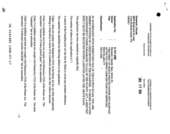 Canadian Patent Document 2141485. Examiner Requisition 19980717. Image 1 of 2