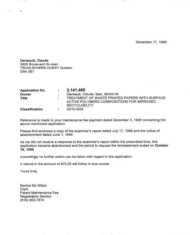 Canadian Patent Document 2141485. Correspondence 19981217. Image 1 of 2