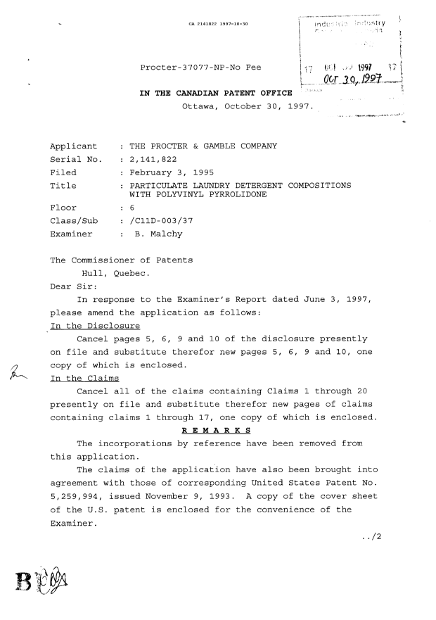 Canadian Patent Document 2141822. Prosecution Correspondence 19971030. Image 1 of 2