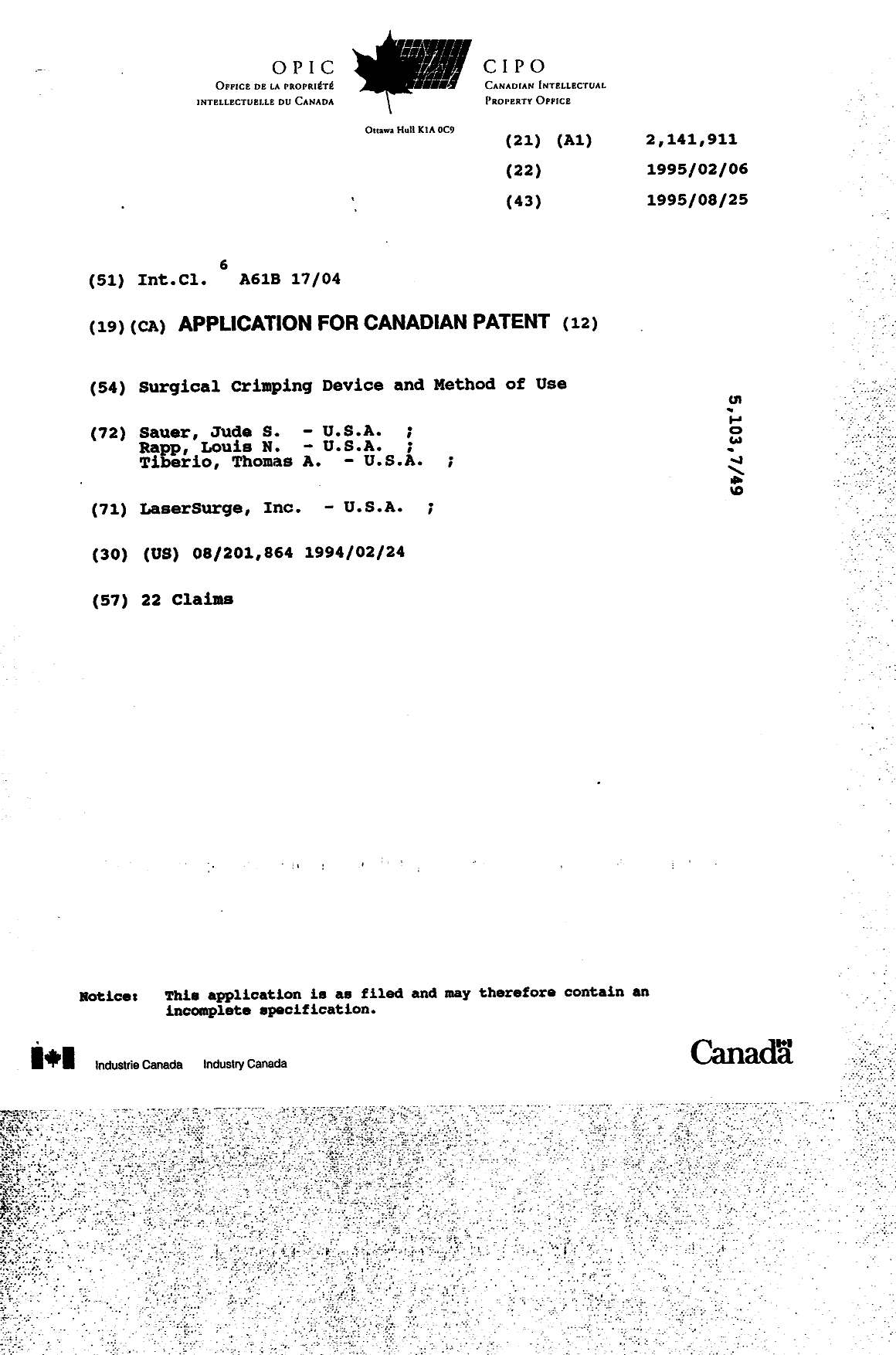 Canadian Patent Document 2141911. Cover Page 19941216. Image 1 of 1