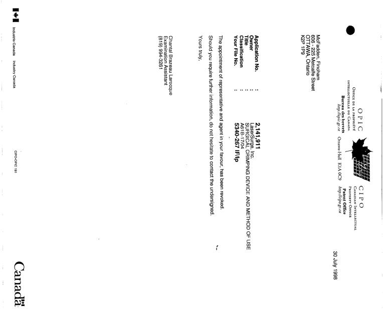 Canadian Patent Document 2141911. Correspondence 19941222. Image 30 of 31