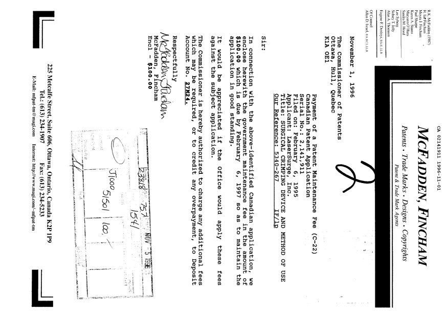 Canadian Patent Document 2141911. Fees 19951201. Image 1 of 1