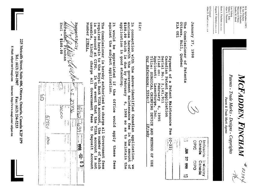 Canadian Patent Document 2141911. Fees 19971227. Image 1 of 1
