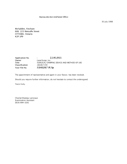 Document de brevet canadien 2141911. Correspondance 19971230. Image 1 de 1