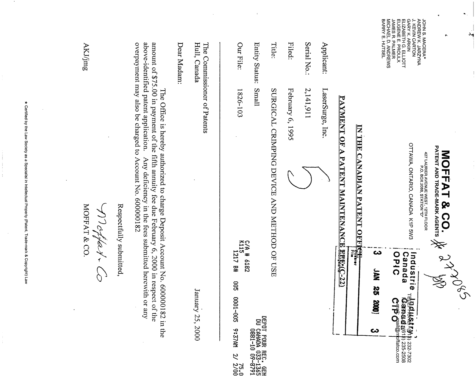 Document de brevet canadien 2141911. Taxes 19991225. Image 1 de 2