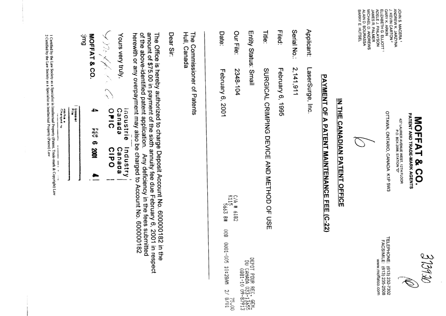 Canadian Patent Document 2141911. Fees 20001206. Image 1 of 1