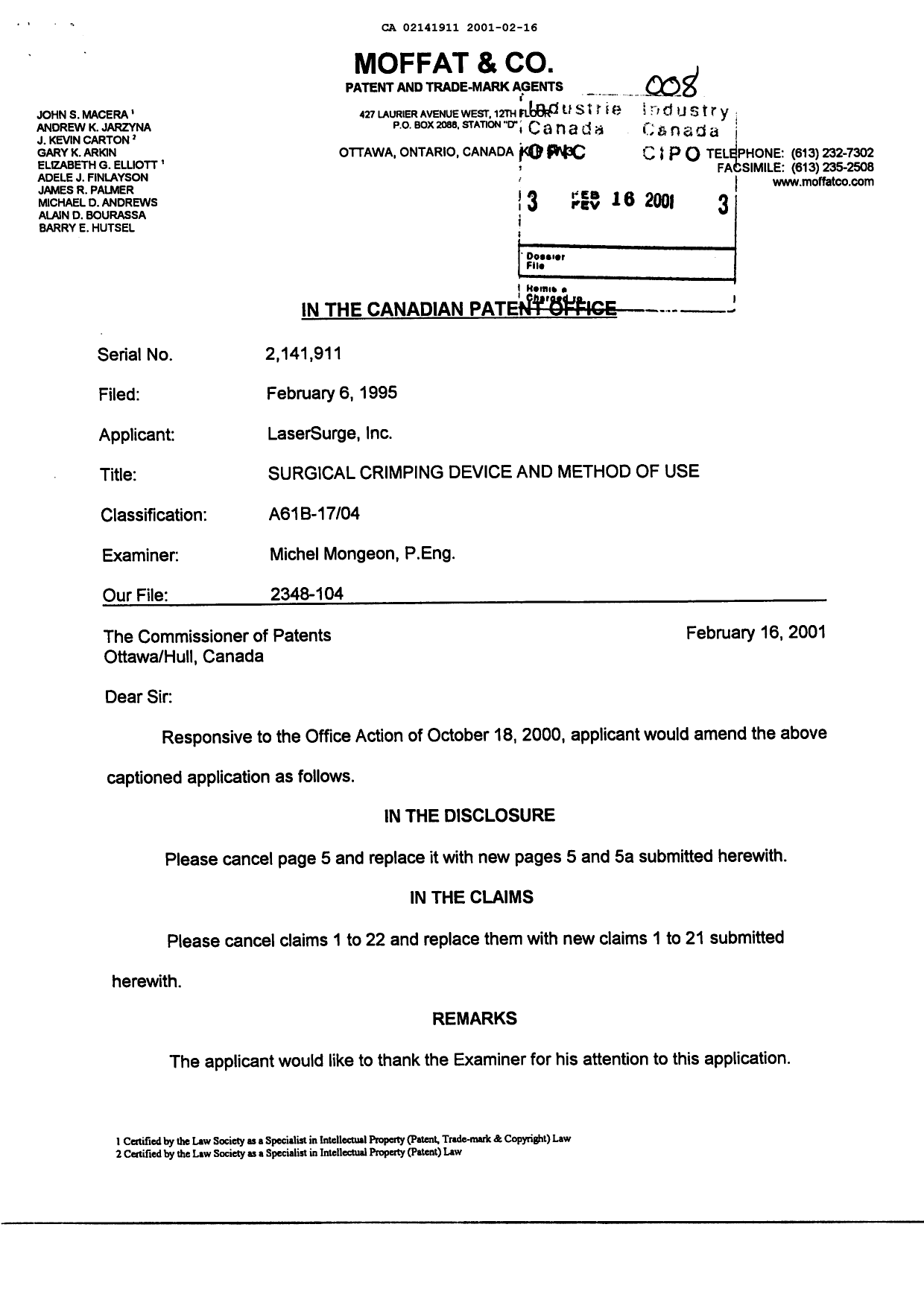 Canadian Patent Document 2141911. Prosecution-Amendment 20001216. Image 1 of 12