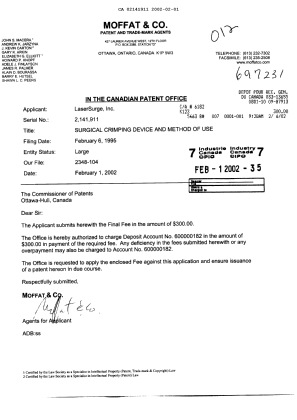 Canadian Patent Document 2141911. Correspondence 20011201. Image 1 of 1