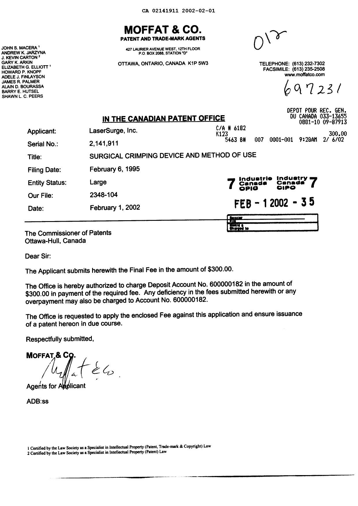 Canadian Patent Document 2141911. Correspondence 20011201. Image 1 of 1