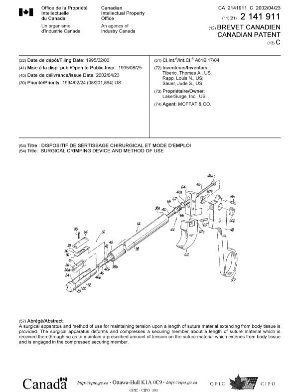 Document de brevet canadien 2141911. Page couverture 20011210. Image 1 de 1