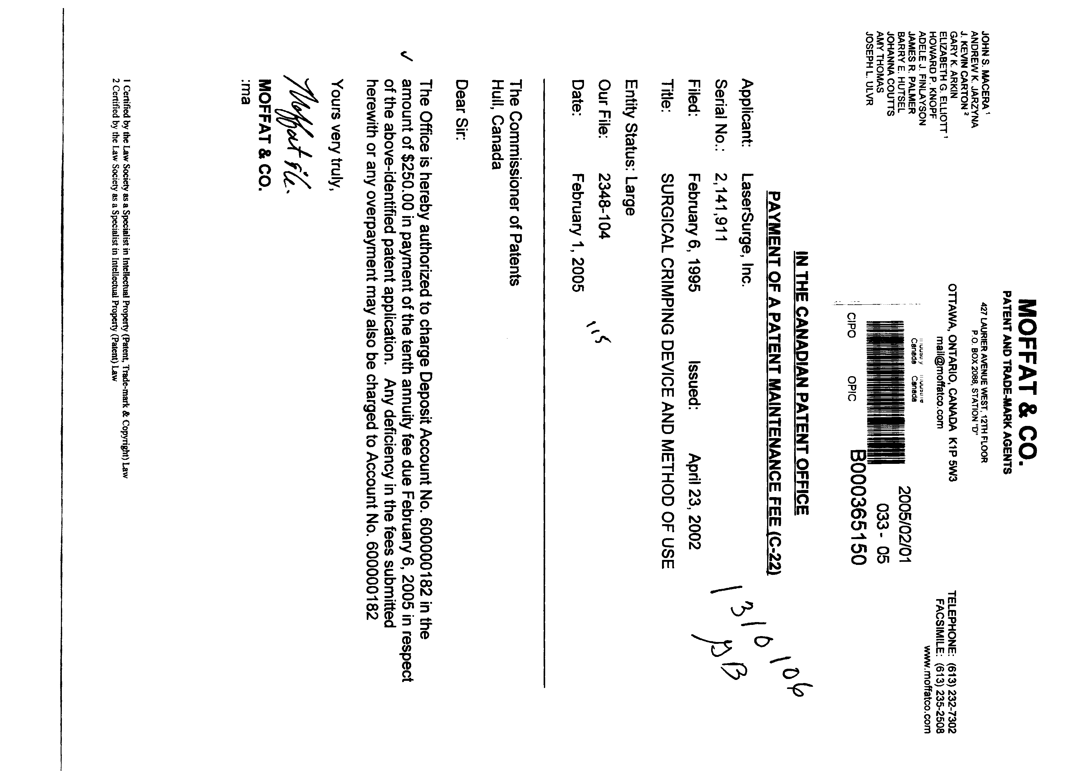Canadian Patent Document 2141911. Fees 20041201. Image 1 of 1