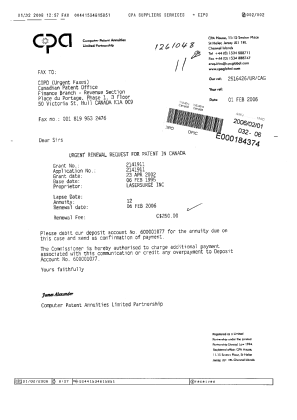 Canadian Patent Document 2141911. Fees 20051201. Image 1 of 1