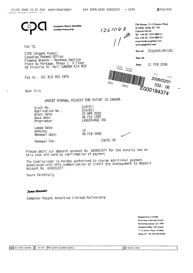 Canadian Patent Document 2141911. Fees 20051201. Image 1 of 1