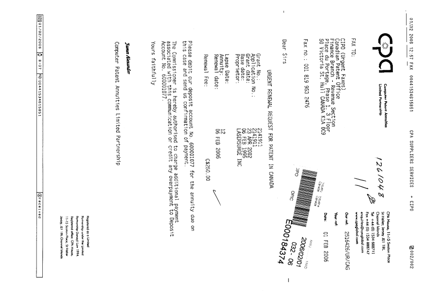 Document de brevet canadien 2141911. Taxes 20051201. Image 1 de 1