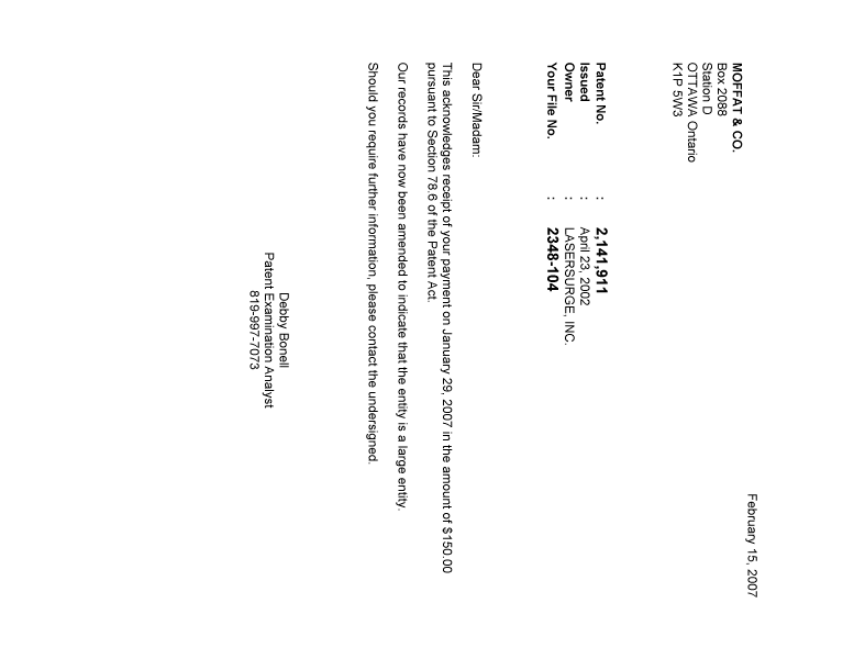 Canadian Patent Document 2141911. Correspondence 20061215. Image 1 of 1
