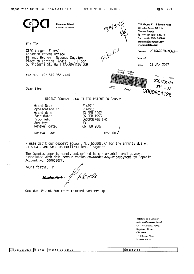 Document de brevet canadien 2141911. Taxes 20061231. Image 1 de 1