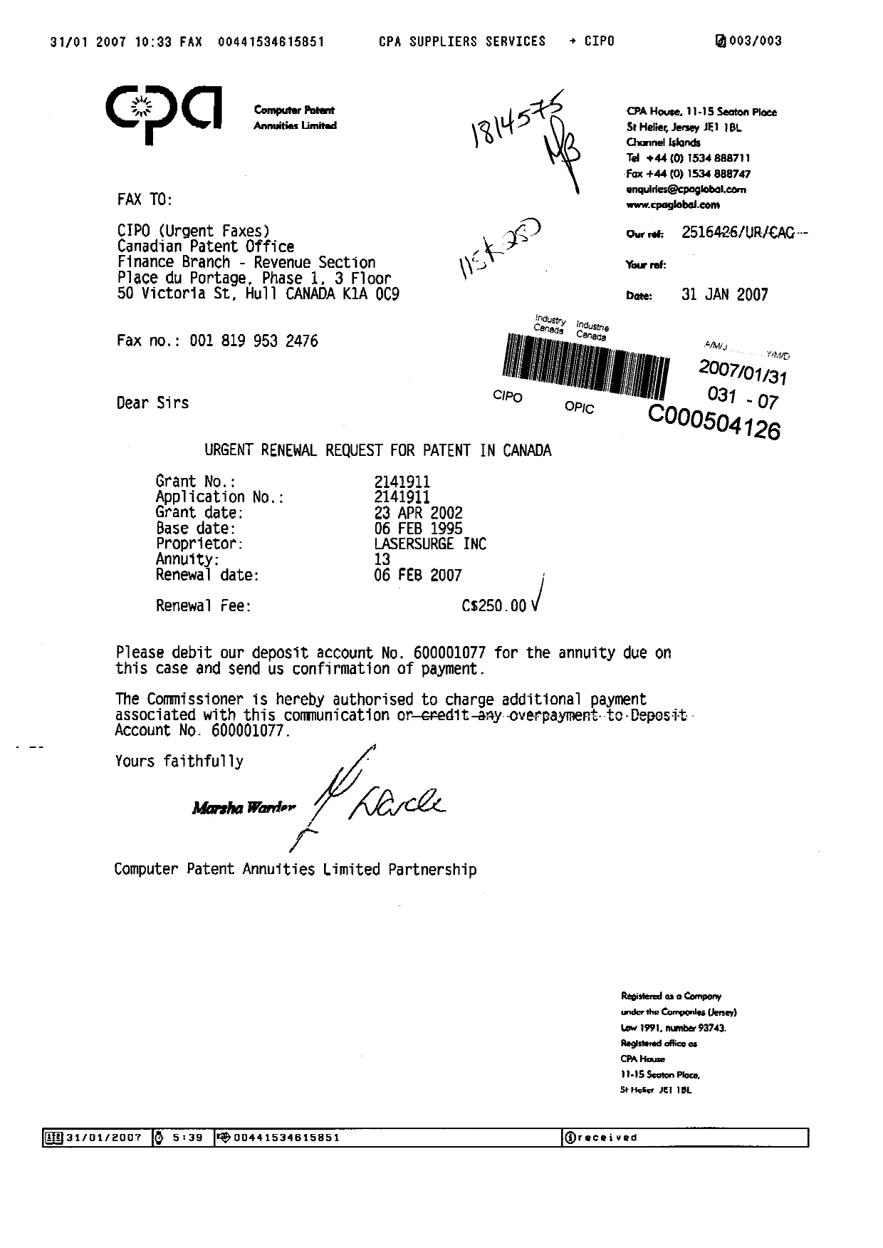 Canadian Patent Document 2141911. Fees 20061231. Image 1 of 1