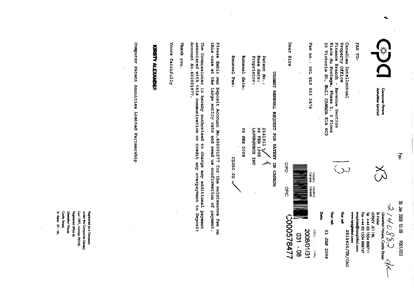Document de brevet canadien 2141911. Taxes 20071231. Image 1 de 1