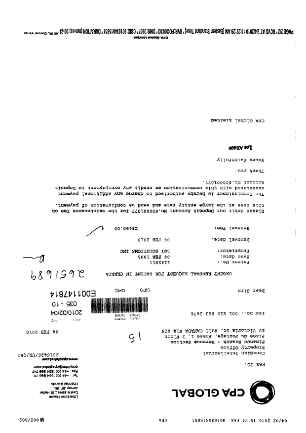 Canadian Patent Document 2141911. Fees 20091204. Image 1 of 1