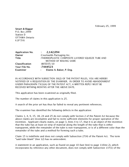 Canadian Patent Document 2142094. Prosecution-Amendment 19990225. Image 1 of 2