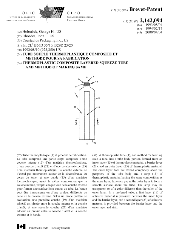 Canadian Patent Document 2142094. Cover Page 20000302. Image 1 of 1