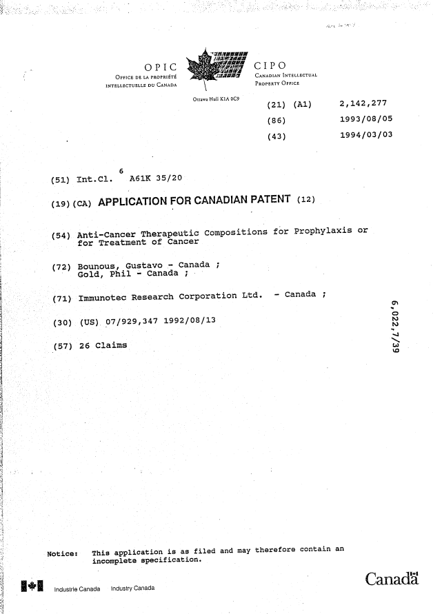Canadian Patent Document 2142277. Cover Page 19941220. Image 1 of 1