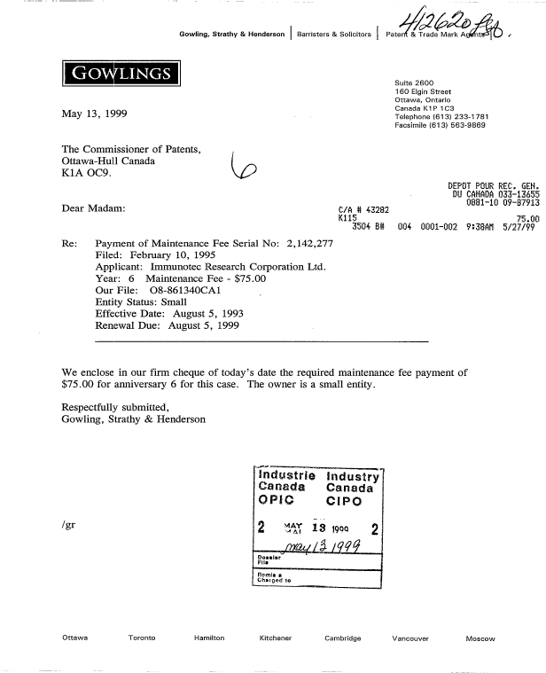 Document de brevet canadien 2142277. Taxes 19981213. Image 1 de 1