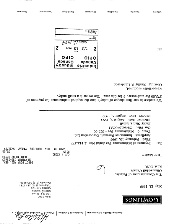 Document de brevet canadien 2142277. Taxes 19981213. Image 1 de 1