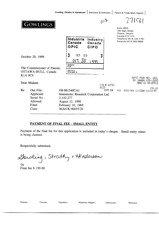 Document de brevet canadien 2142277. Correspondance 19981220. Image 1 de 1