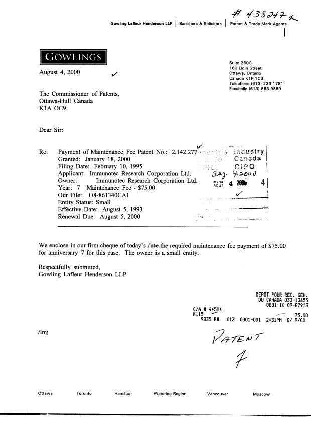 Document de brevet canadien 2142277. Taxes 19991204. Image 1 de 1