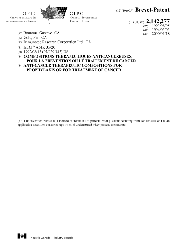 Document de brevet canadien 2142277. Page couverture 19991211. Image 1 de 1