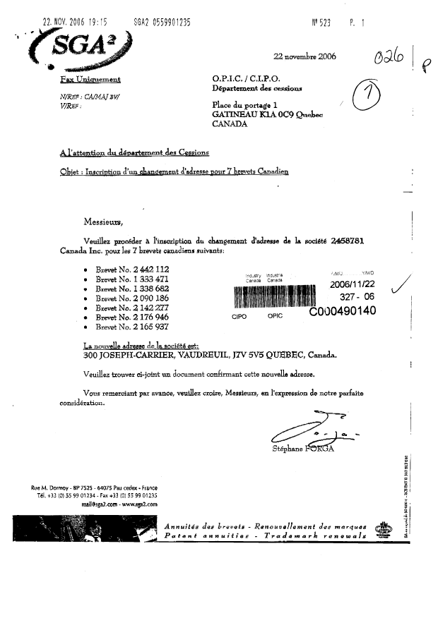 Document de brevet canadien 2142277. Correspondance 20051222. Image 1 de 2