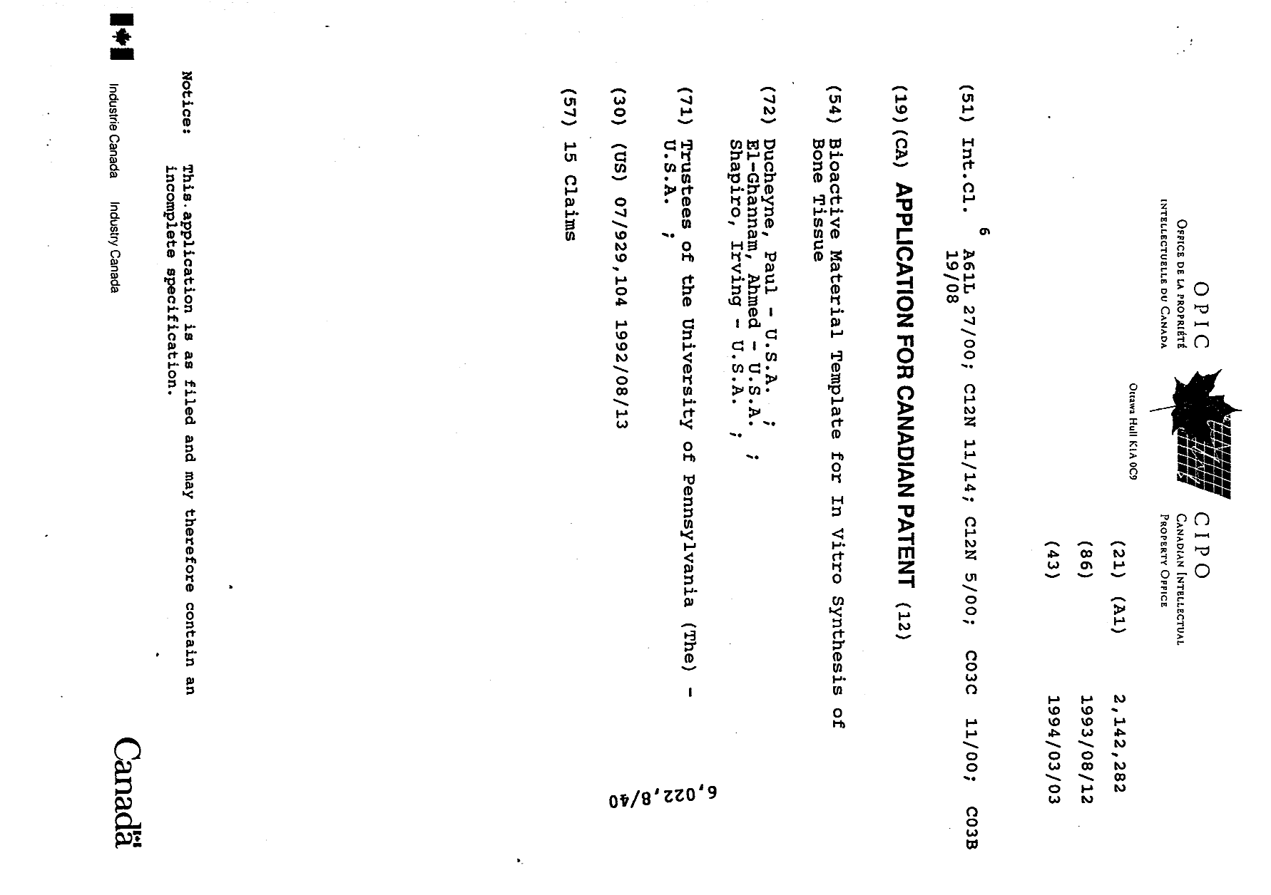 Canadian Patent Document 2142282. Cover Page 19941216. Image 1 of 1