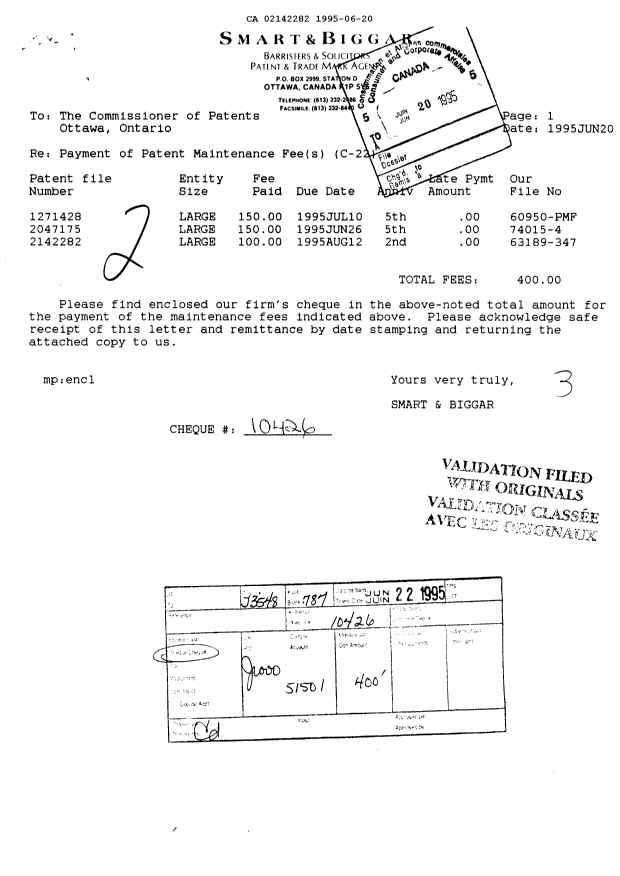 Canadian Patent Document 2142282. Fees 19941220. Image 1 of 1