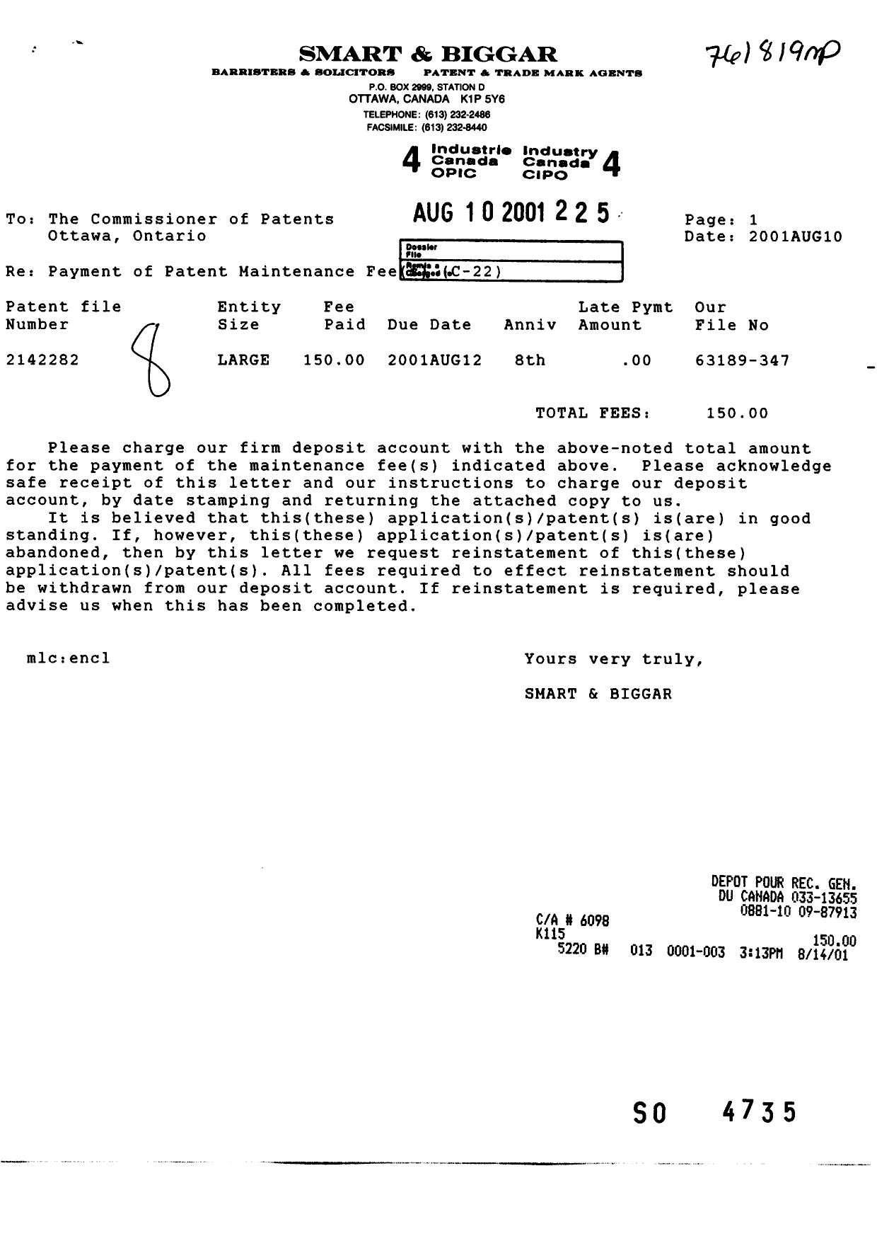 Canadian Patent Document 2142282. Fees 20001210. Image 1 of 1