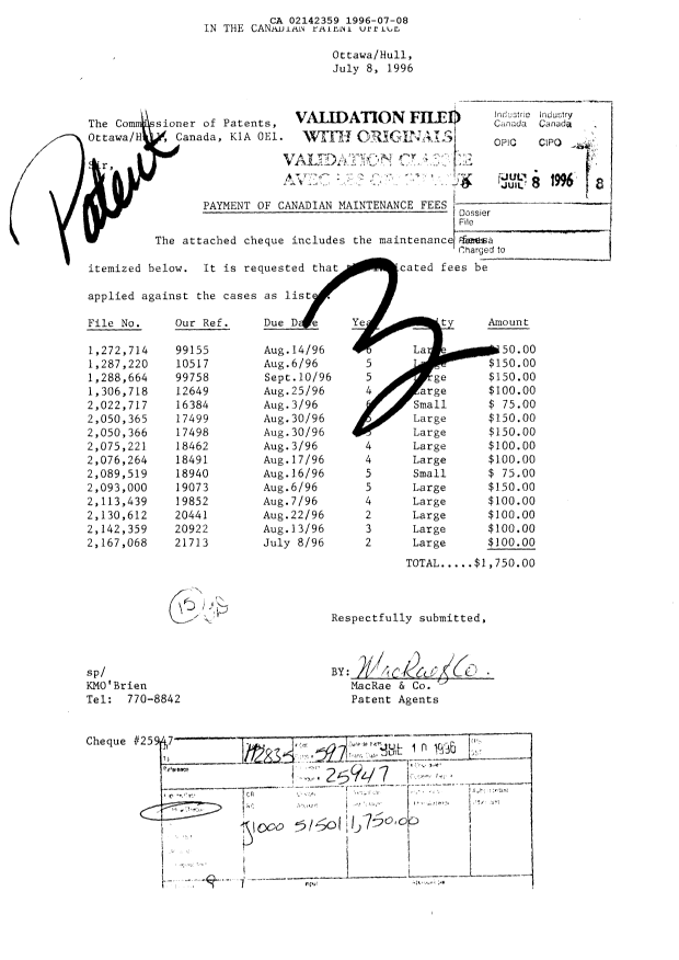 Document de brevet canadien 2142359. Taxes 19960708. Image 1 de 1
