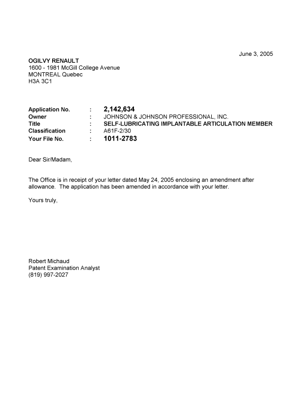 Canadian Patent Document 2142634. Prosecution-Amendment 20050603. Image 1 of 1