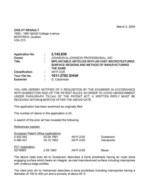 Canadian Patent Document 2142636. Prosecution-Amendment 20040302. Image 1 of 3