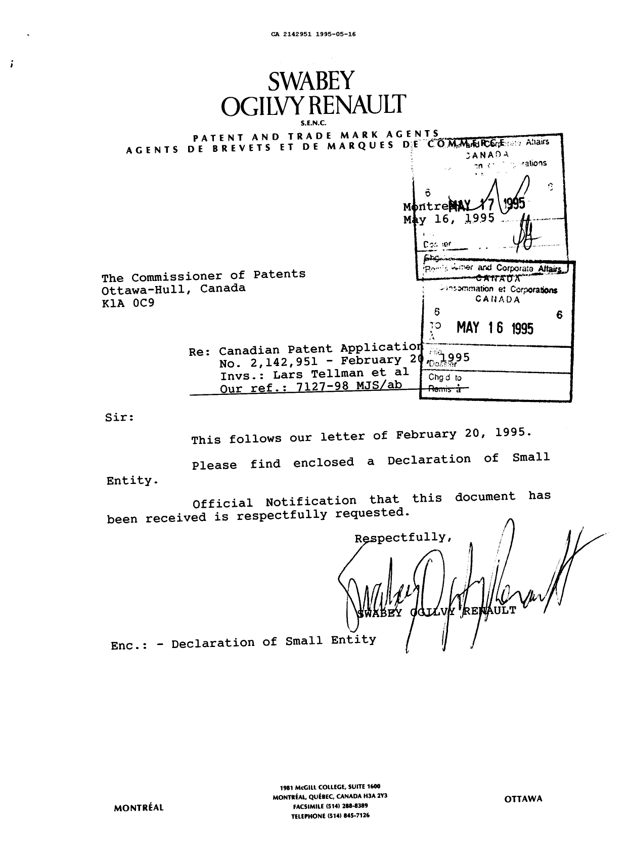 Canadian Patent Document 2142951. Correspondence 19941216. Image 1 of 1