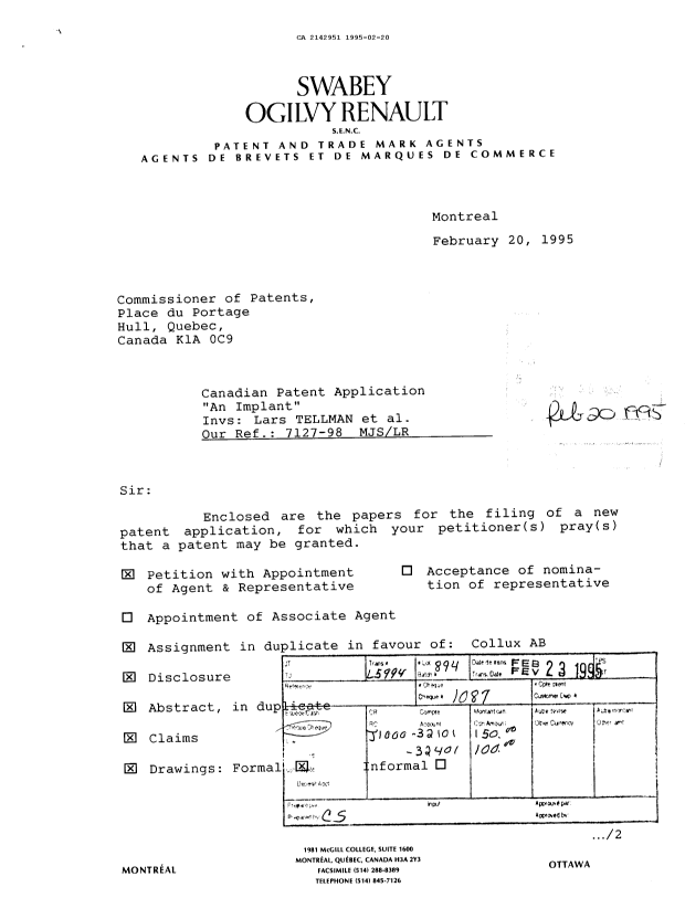 Canadian Patent Document 2142951. Assignment 19941220. Image 1 of 7