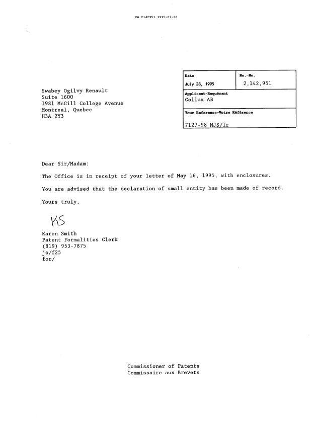 Document de brevet canadien 2142951. Correspondance 19941228. Image 1 de 1