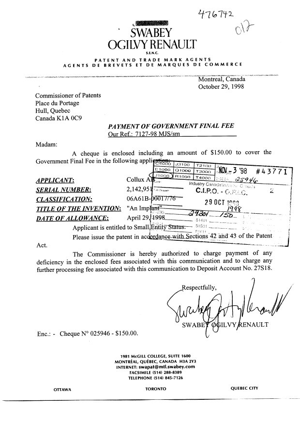 Document de brevet canadien 2142951. Correspondance 19971229. Image 1 de 1