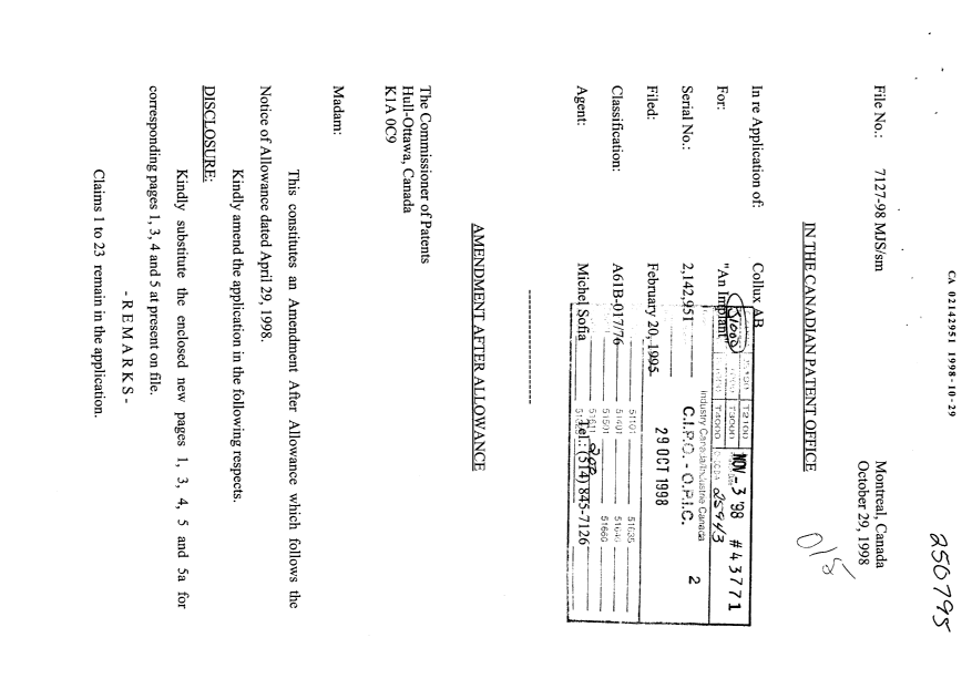 Canadian Patent Document 2142951. Prosecution-Amendment 19971229. Image 1 of 10