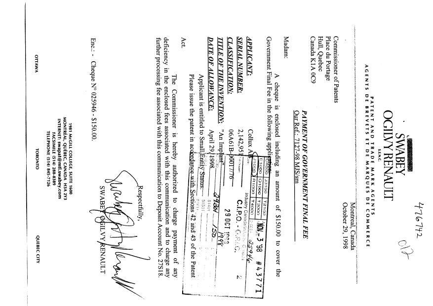 Canadian Patent Document 2142951. Correspondence 19971229. Image 1 of 1