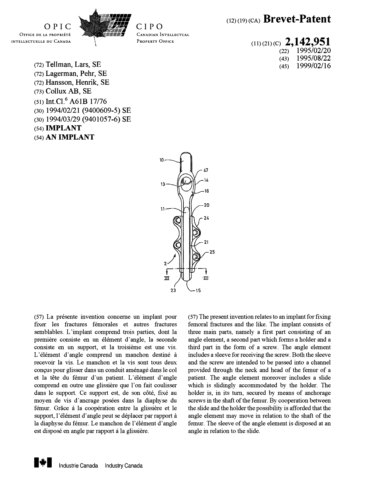 Canadian Patent Document 2142951. Cover Page 19981204. Image 1 of 1