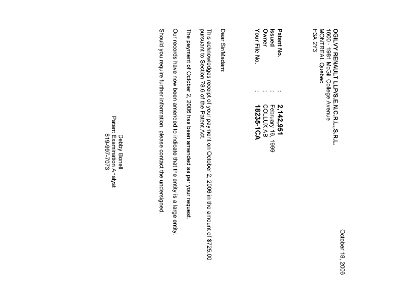 Canadian Patent Document 2142951. Correspondence 20051218. Image 1 of 1